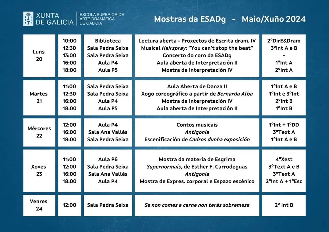 Presentamos o programa definitivo das dúas semanas de Mostras de Primaveira na ESAD de Galicia.

As dúas semanas finais …