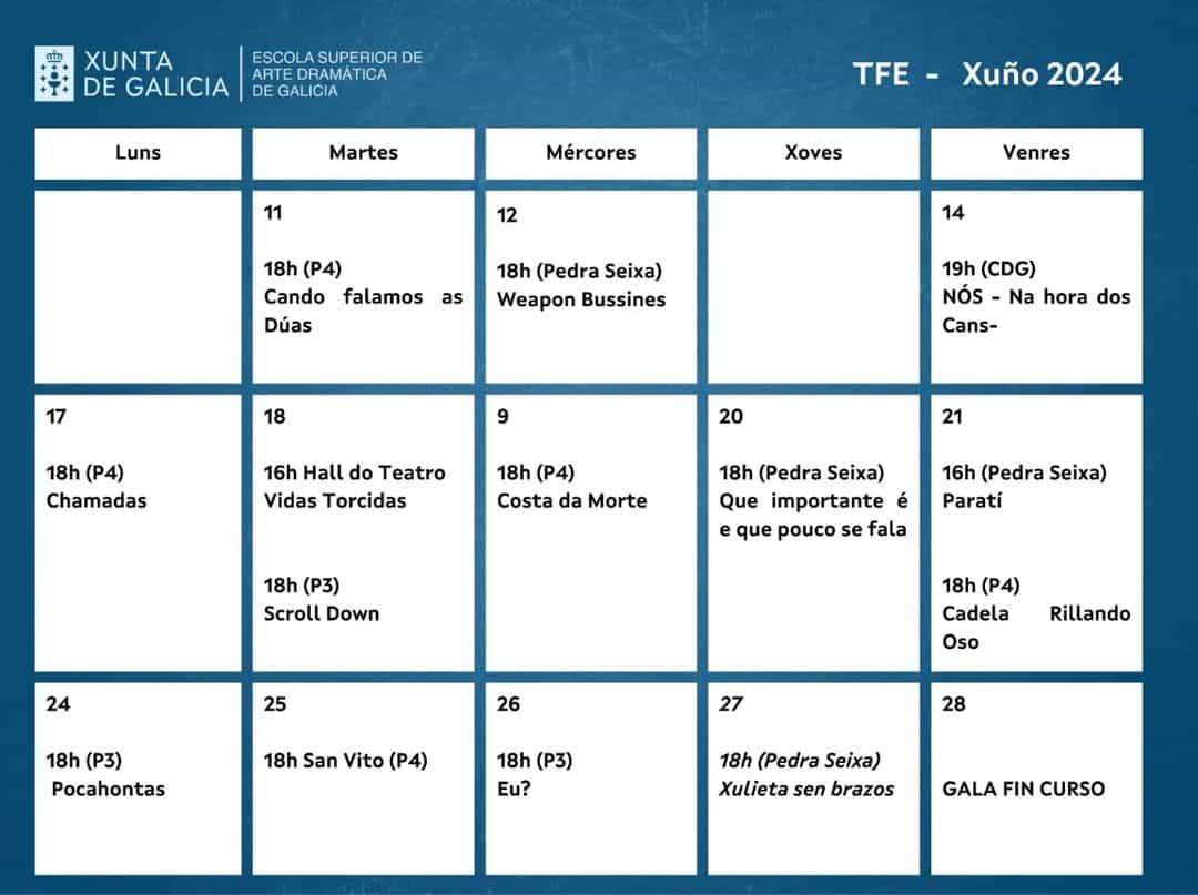 PRESENTAMOS o programa de Traballos Fin de Estudos programados neste mes de xuño.

Entrada de balde.
Sala Pedra Seixa: a…