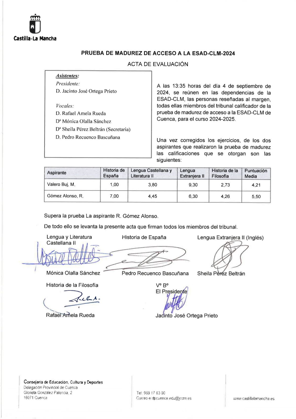 ACTA DE NOTAS DE LA PRUEBA DE MADUREZ. CONVOCATORIA EXTRAORDINARIA CURSO 2024-25 E