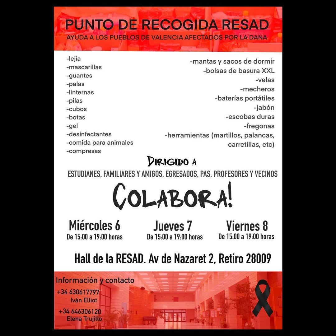 📣 Punto de Recogida de Ayuda en la RESAD 📣 Desde la RESAD nos sumamos al apoyo a los pueblos de Valencia afectados por…