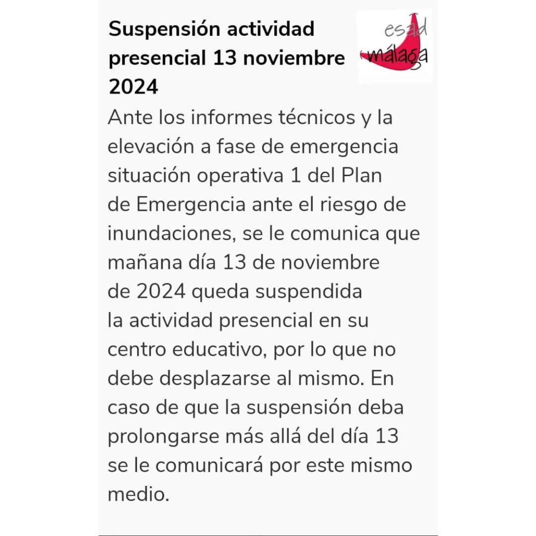 🆘 Se informa a toda la comunidad educativa de ESAD Málaga que debido a las condiciones meteorológicas no habrá clase pr…