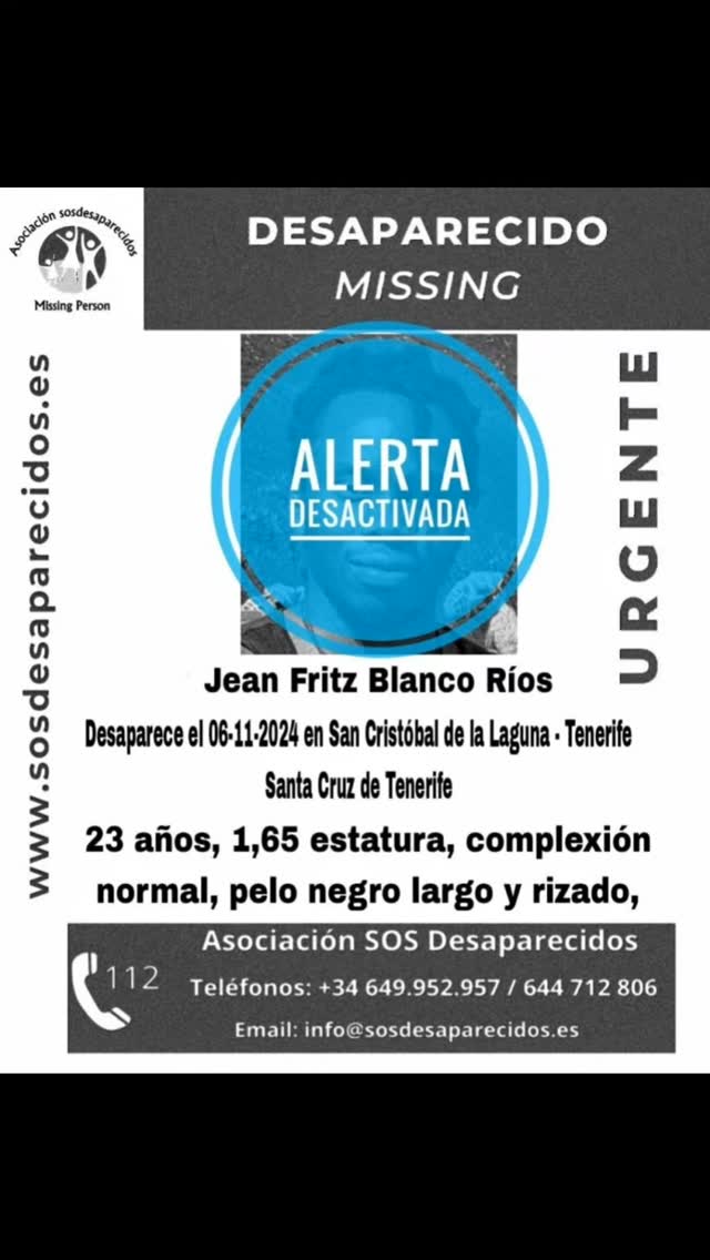 La Asociación SOS Desaparecidos ha desactivado la alerta de búsqueda de Jean Fritz Blanco Rios, el hombre de 23 años que…