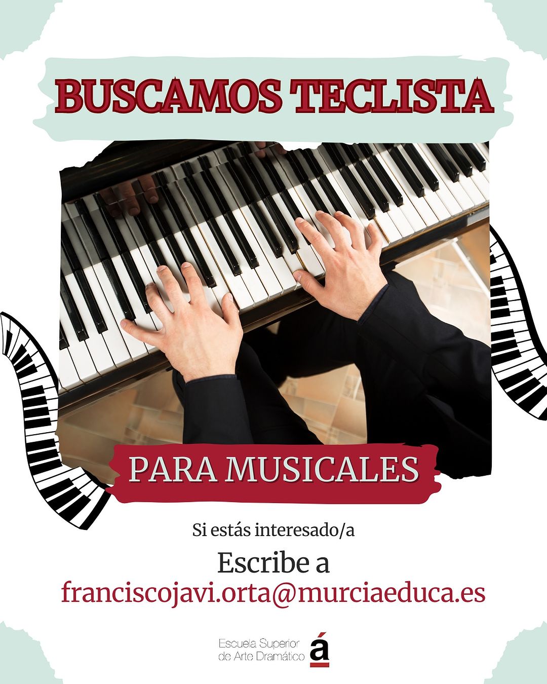 🎼Buscamos un teclista para los musicales. 🎭Se actúa en la ESAD y el Teatro Romea de Murcia. Colaboración no remunerada…