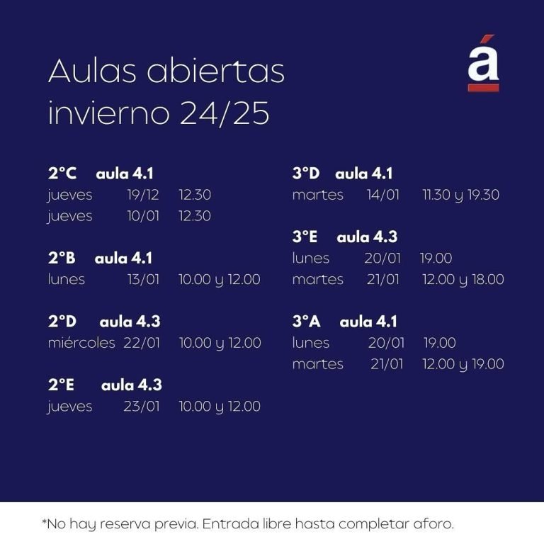 Ampliamos nuestras muestras con las aulas abiertas de invierno en la 4.1 y 4.3. No habrá reserva. Entrada libre hasta co…