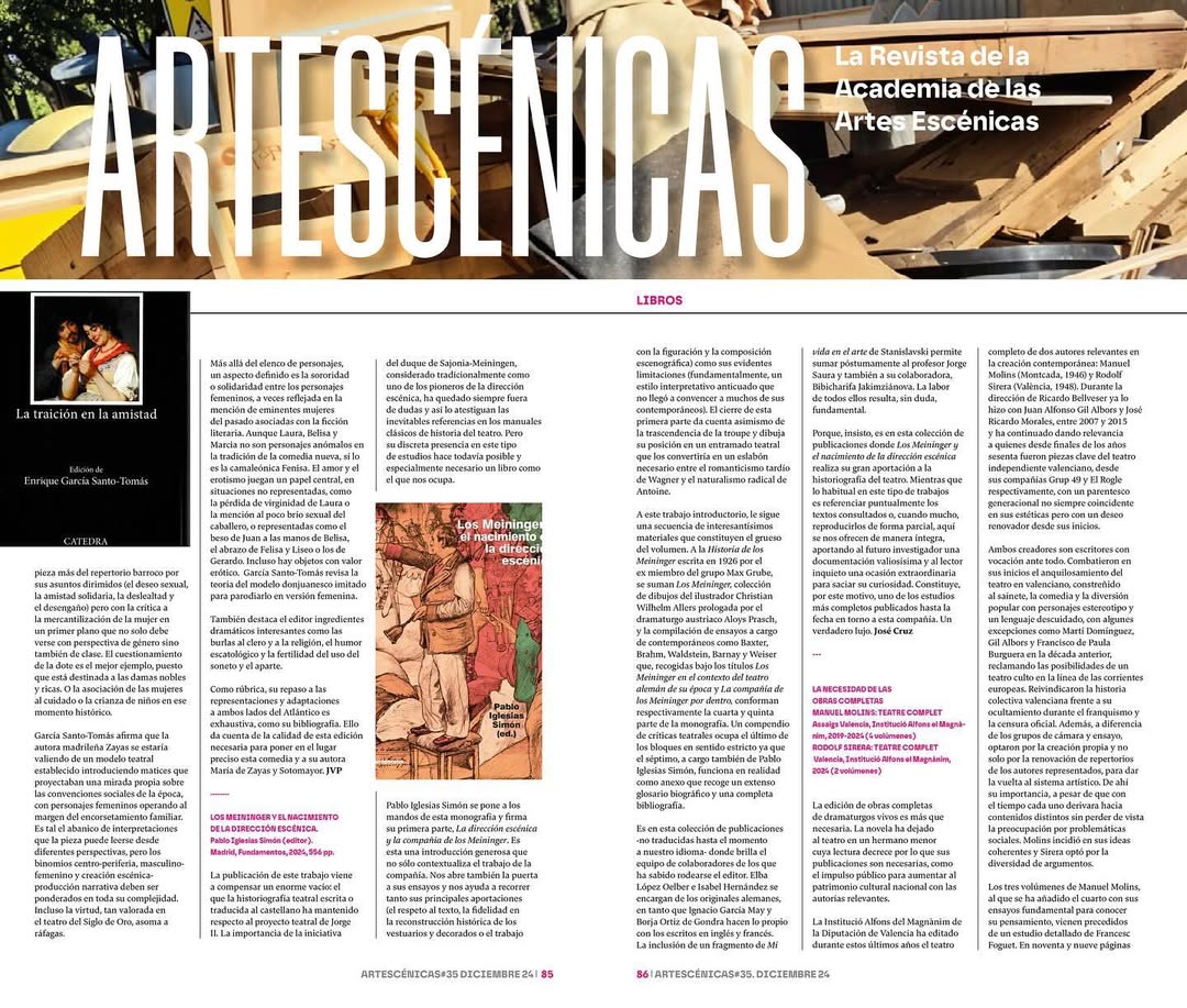 ¡Primera reseña de “Los Meininger y el nacimiento de la dirección escénica”! En la revista de la Academia de las Artes E…