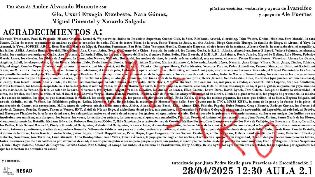 👹 MONSTRO 📅 28 de abril – 12:30h 📍 Aula 2.1 – RESAD 🎭 Una obra de: Ander Alvarado Monente ✨ Intérpretes: Glo, Uxuri …