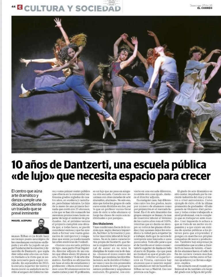 ⚠️ Aurtengoan, DANTZERTIk, Euskadiko Arte Dramatiko eta Dantza eskolak, hamarkada bat beteko du.🎂 ✍️El Correo (Bizkaia)…