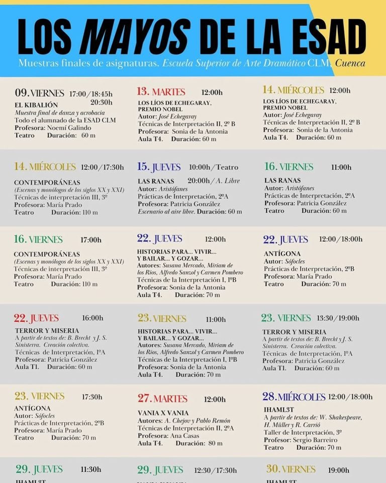 🎭 Los “Mayos” en la ESAD son teatrales 😜 🗓️ Este es el calendario de muestras finales de las asignaturas de todos los…