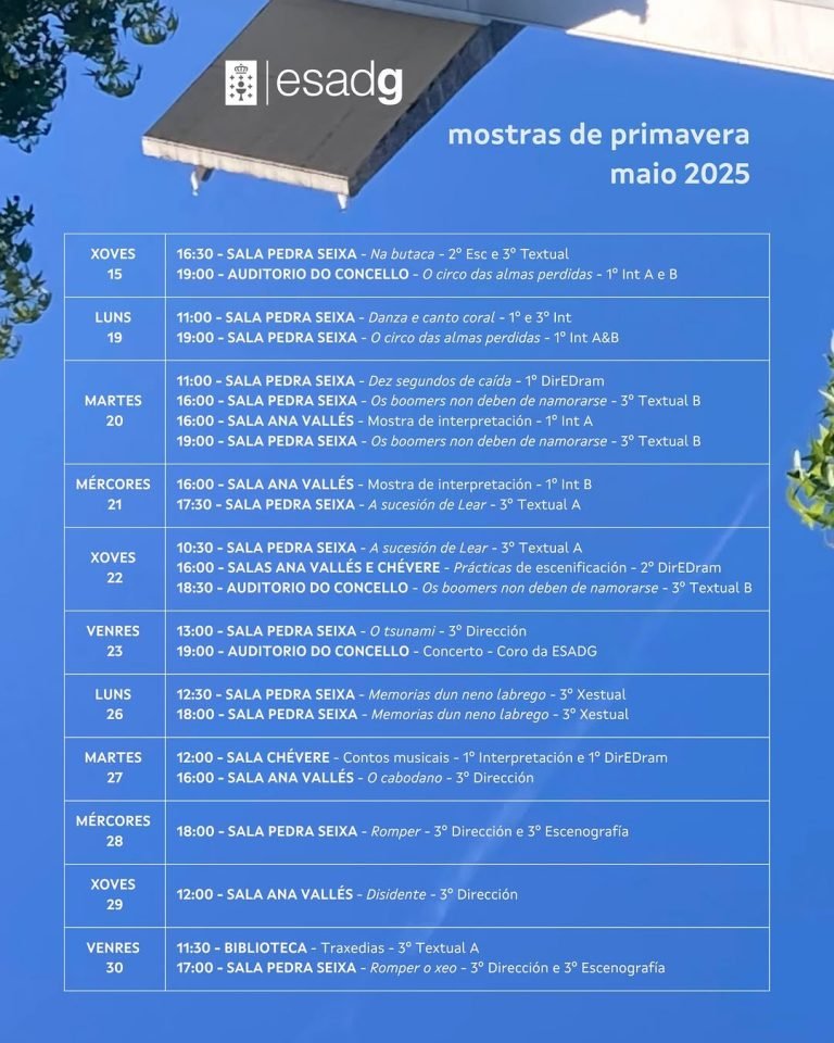 🌼🍀 MOSTRAS DE PRIMAVERA 2025 🍀🌼 Velaquí temos xa a programación dos espectáculos que o alumnado da ESADG presentará …