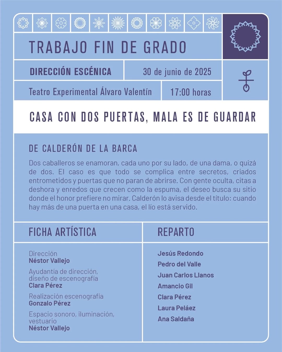 🎭✨ ¡Presentaciones de TFG en ESADCYL! 📅 Lunes, 30 de junio Casa con dos puertas, mala es de guardar– Néstor Fernando V…