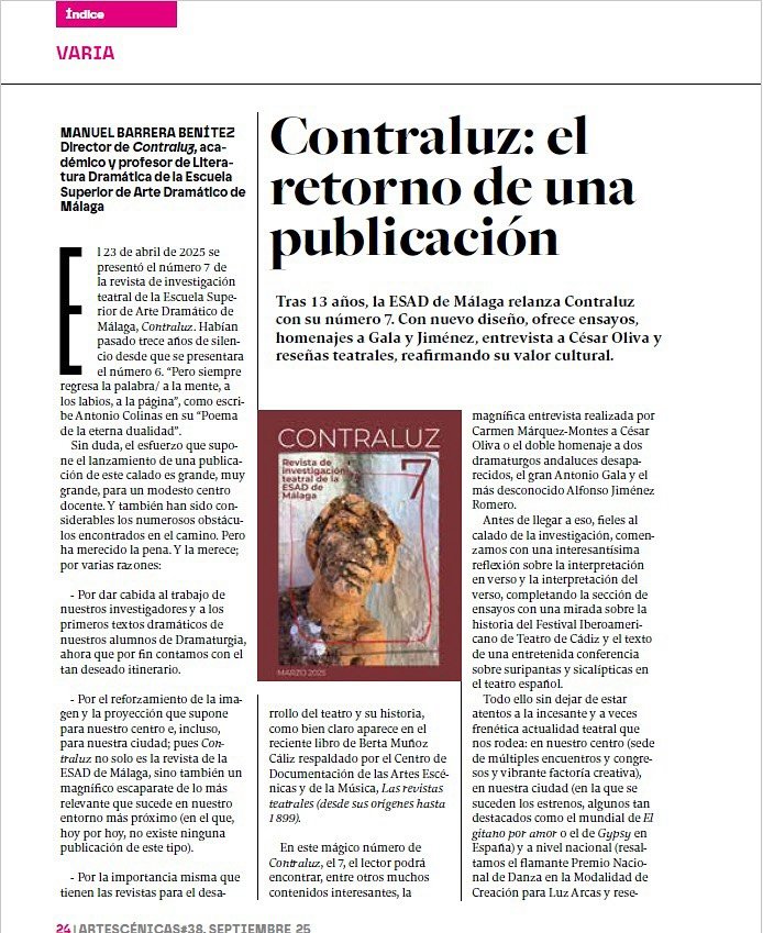 📰✨ La revista Artescénicas acaba de publicar un artículo sobre la recuperación de CONTRALUZ, nuestra revista cultural, …