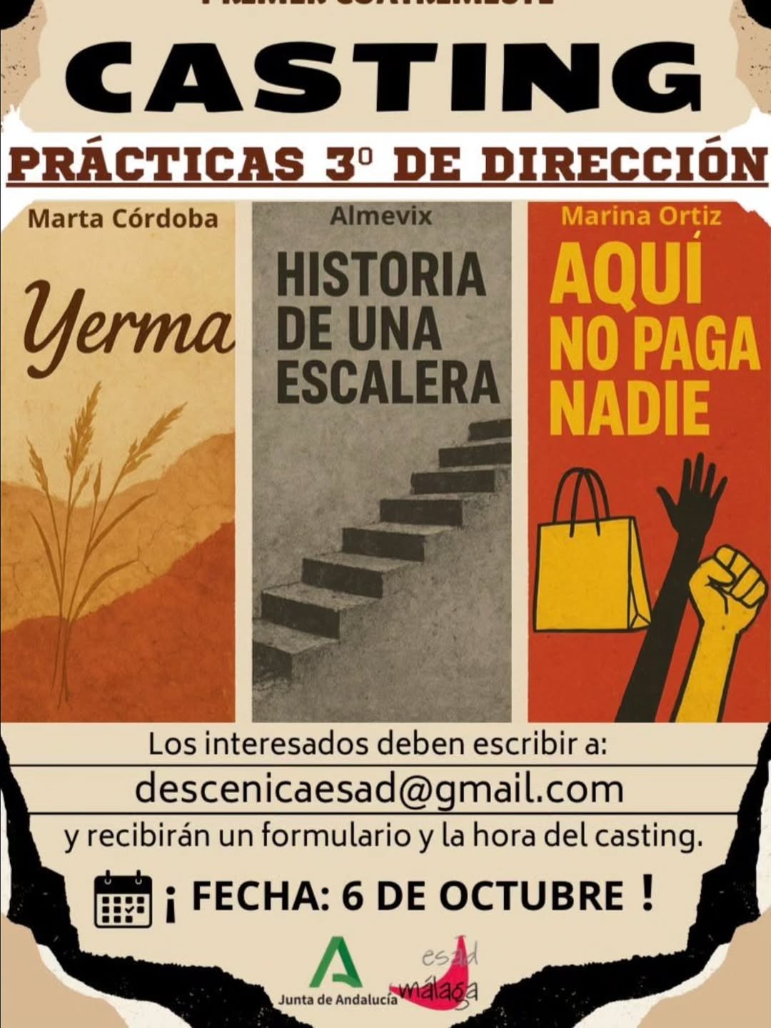 🎭 CASTING ABIERT0 – ESAD Málaga 🎭 El alumnado de 3º de Dirección Escénica busca actores y actrices para participar en …