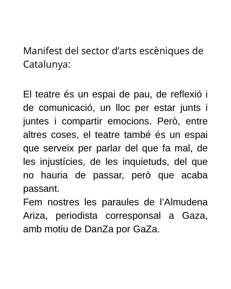 Compartim el manifest en nom de les arts escèniques a Catalunya, i que es llegirà i/o es mostrarà a tots els teatres de …