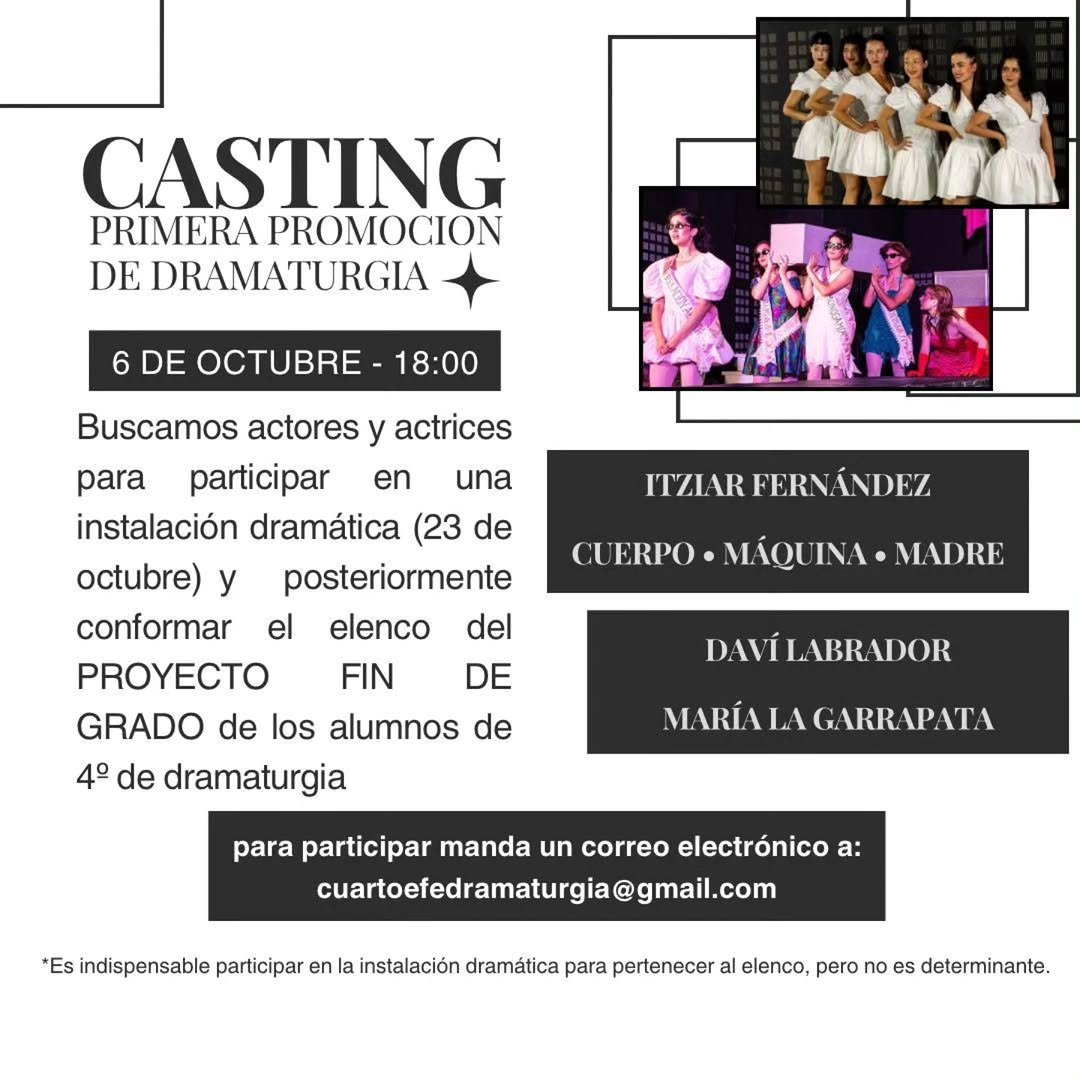 🎭 CASTING – ESAD MÁLAGA 🎭 La especialidad de 4º de Dramaturgia de la ESAD de Málaga busca actores y actrices para: ✨ P…