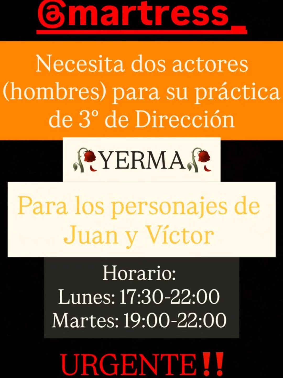 🎭 ¡Se buscan actores! 🎭 Estamos buscando dos actores para participar en las prácticas de 3º de Dirección Escénica, int…