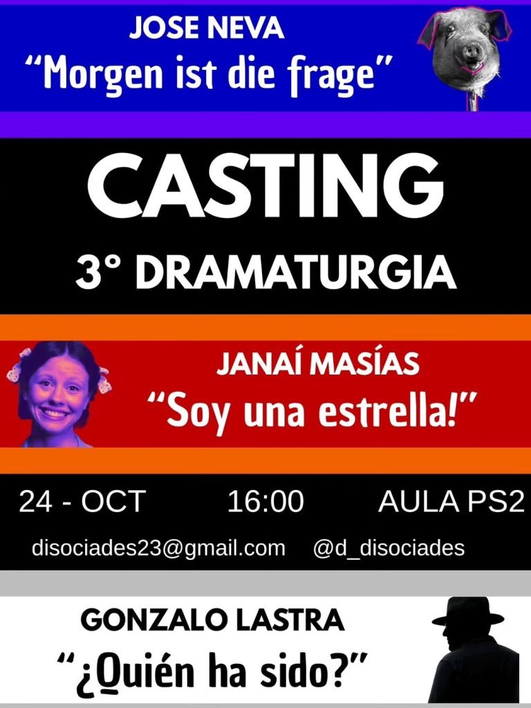 🎭✨ ¡CASTING ABIERTO! ✨🎭 3° de Dramaturgia busca actores para sus talleres de creación Posdramático. 📅 Fecha: 24 de oc…