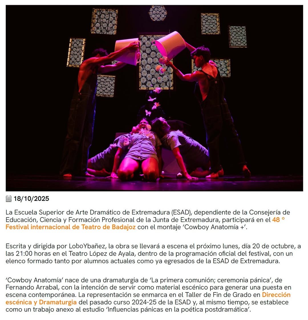 🎭COWBOY ANATOMÍA + 📅 lunes, 20 octubre. 🕖 21:00h. 📍Teatro López de Ayala (Badajoz). 📣 La ESAD de Extremadura partic… 🎭COWBOY ANATOMÍA + 📅 lunes, 20 octubre. 🕖 21:00h. 📍Teatro López de Ayala (Badajoz). 📣 La ESAD de Extremadura partic…