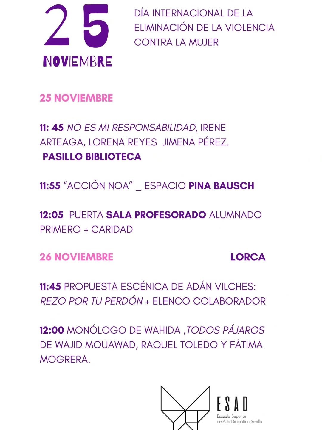 ESAD Sevilla | 25N La próxima semana nuestro centro acoge varias actividades en torno al Día Internacional de la Elimina… ESAD Sevilla | 25N La próxima semana nuestro centro acoge varias actividades en torno al Día Internacional de la Elimina…