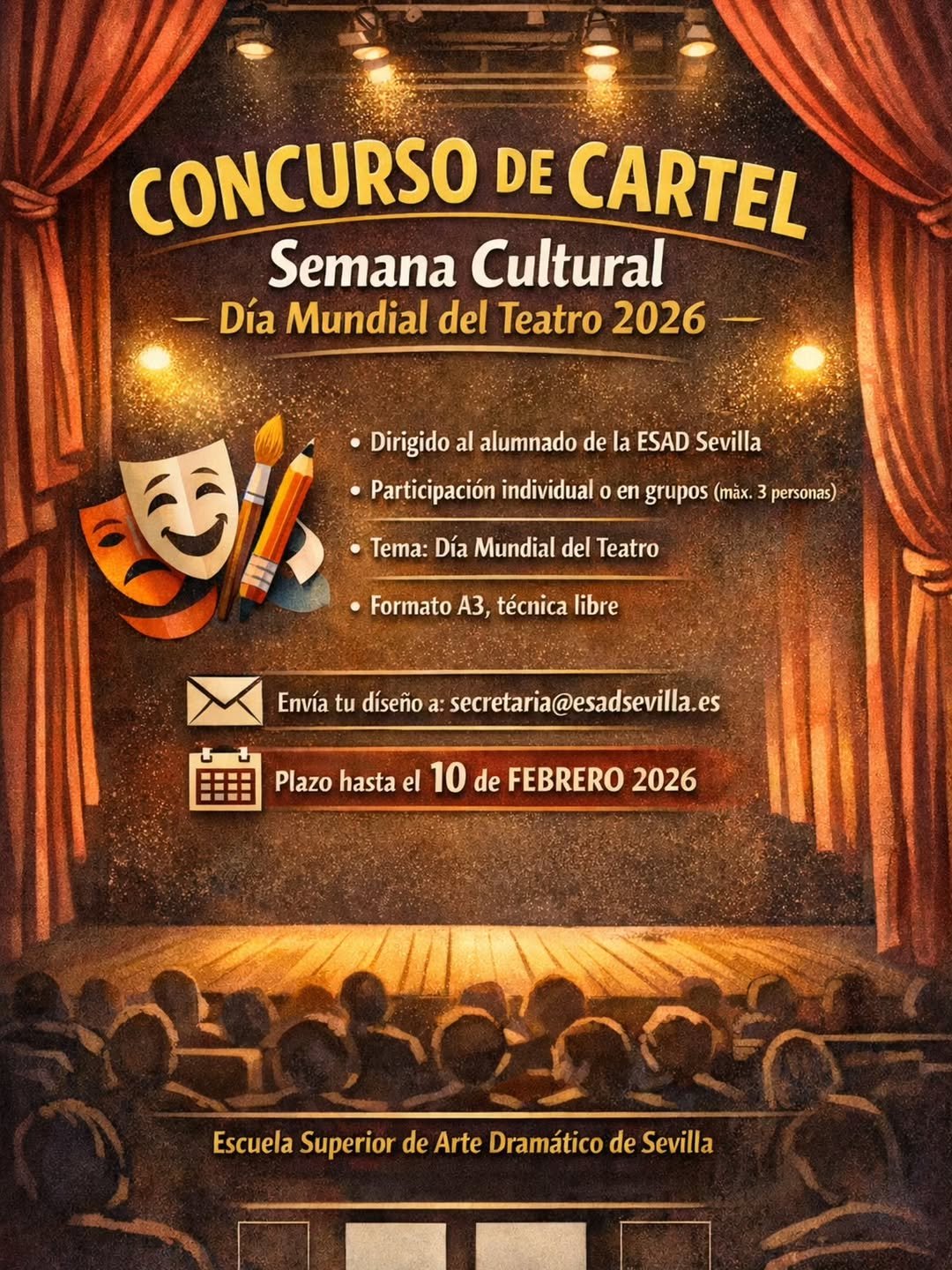 🎭 CONCURSO DE CARTEL Semana Cultural · Día Mundial del Teatro 2026 La ESAD de Sevilla convoca al alumnado del curso 202… 🎭 CONCURSO DE CARTEL Semana Cultural · Día Mundial del Teatro 2026 La ESAD de Sevilla convoca al alumnado del curso 202…